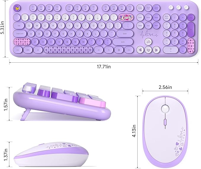 KNOWSQT Wireless Keyboard and Mouse Combo - Lovely Purple Rainbow 2.4G Full-Sized Colorful Keyboards, Round Keycap USB Dongle Plug Play Cute Keyboards for Windows, Laptop, PC, Desktop, Mac