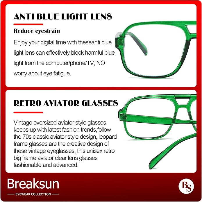 Oversized Square Aviator Glasses for Women Men Big Frame Retro Blue Light Blocking Glasses Vintage Style