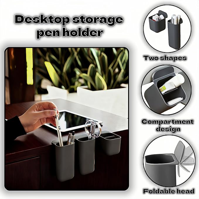 Sticky Desk Organizer, 3-Pack Monitor Side Storage with Adhesive - Multifunctional Desktop Pen Holder for Stationery, Jewelry, Remote Control - Space Saving Grey PP Material for Office & Home