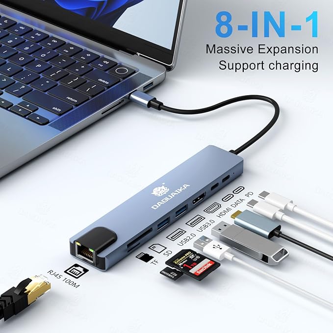 8 in 1 USB C HUB,USB C Multiport Adapter with 4K HDMI, PD100W, USB C Port,USB 3.0,USB 2.0, RJ45 Ethernet, SD/TF Card Reader, Docking Station Compatible with MacBook Pro/Air/Laptops/Dell XPS/iPad