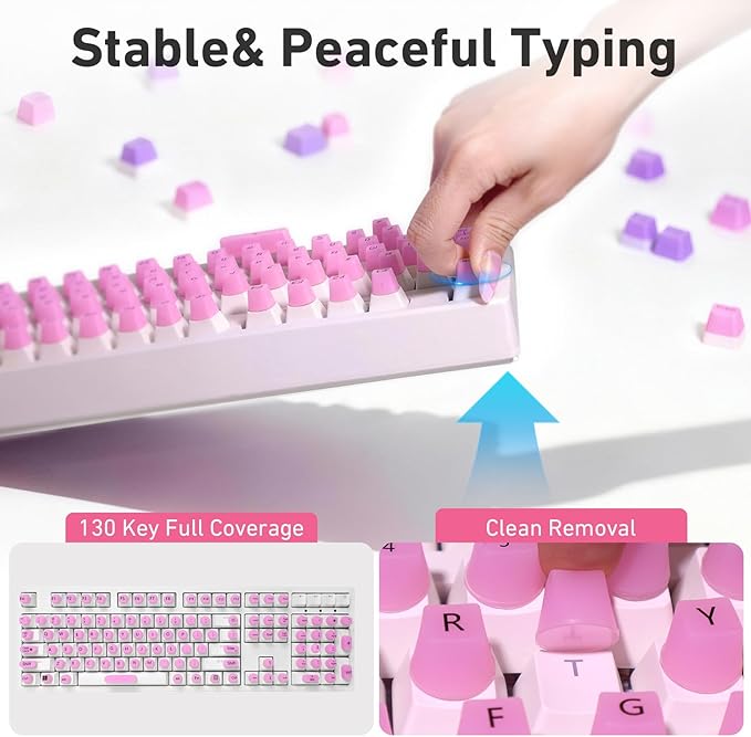 130 Pcs Keyboard Stickers for Long Nails, Ergonomics Raised Keyboard Stickers with Numbers, Self-Adhesive Round-Square PC Keyboard Tabs for Anti-Miss Typing (Pink)