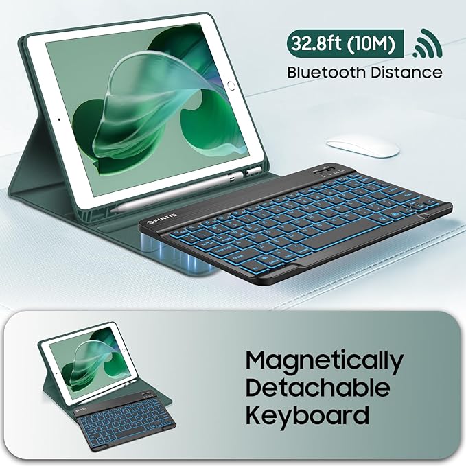 FINTIE Backlit Keyboard Case for iPad 9th / 8th / 7th Generation (2021/2020/2019) 10.2 Inch, Soft TPU Back Cover with 7 Colors Backlight Magnetically Detachable Bluetooth Keyboard, Midnight Green