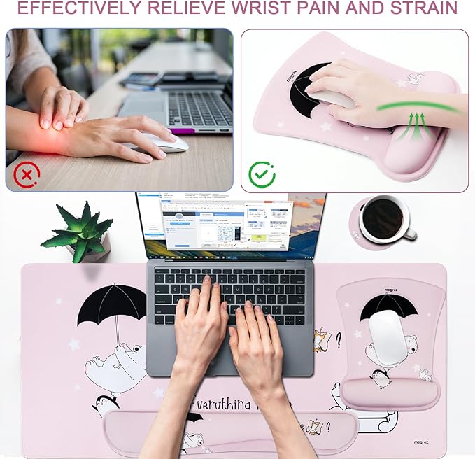 MEGREZ 4-in-1 Ergonomic Memory Foam Wrist Rest Set, Desk Pad, Mouse Pad with Wrist Rest, Keyboard Pad, Suitable for Office Workers, Programmers & Gamers–Relieve Typing & Gaming Fatigue, Pink