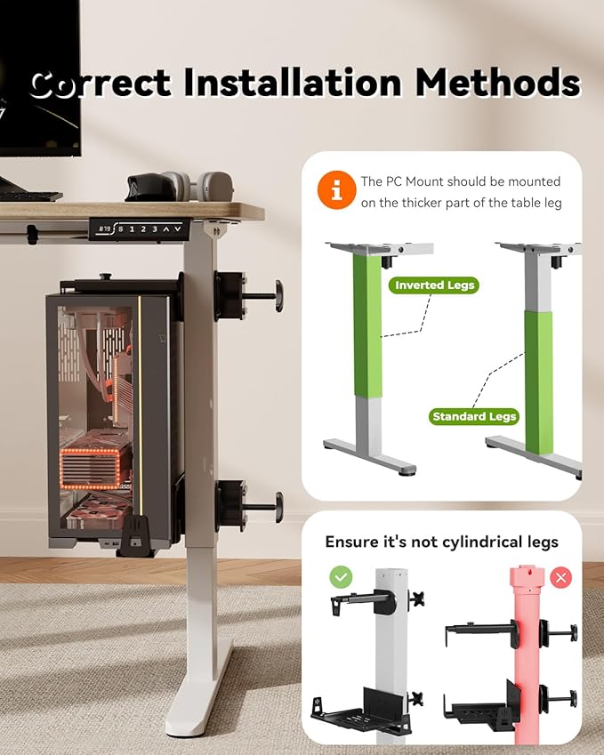 JOY worker Upgraded Under Desk PC Mount for Standing Desk, Clamp-On Desk Leg Computer Mount with Extra Protective Arms, Adjustable Computer Case CPU Holder Holds Up to 44lbs, Black