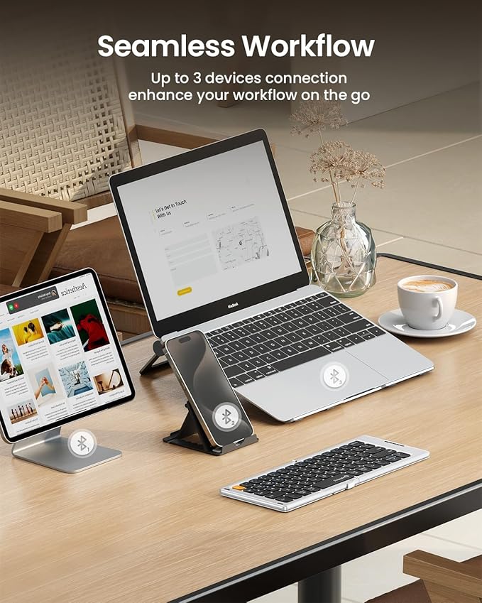 ProtoArc Foldable Compact Keyboard, XK04 Portable Bluetooth Keyboard with PU Leather Cover, Pocket-Sized Wireless Travel Keyboards for iPad, iPhone, Smartphone, Tablet and Laptop - White Silver