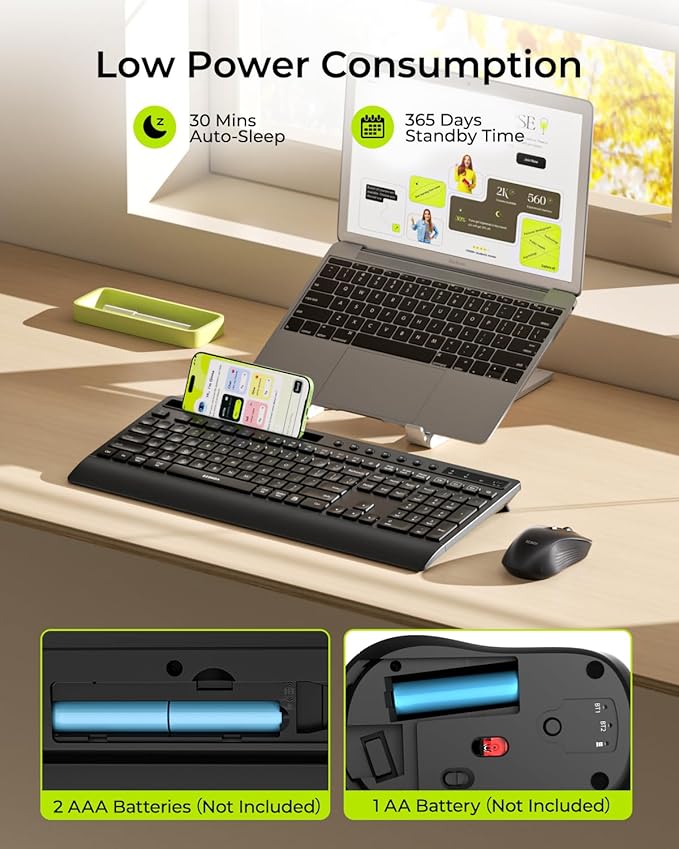 seenda Bluetooth Keyboard and Mouse Combo, Multi-Device Ergonomic Keyboard Mouse with Phone Holder, Full Size Wireless Quiet Combo Compatible for Windows, Laptop, MacBook, PC, iPad - Black