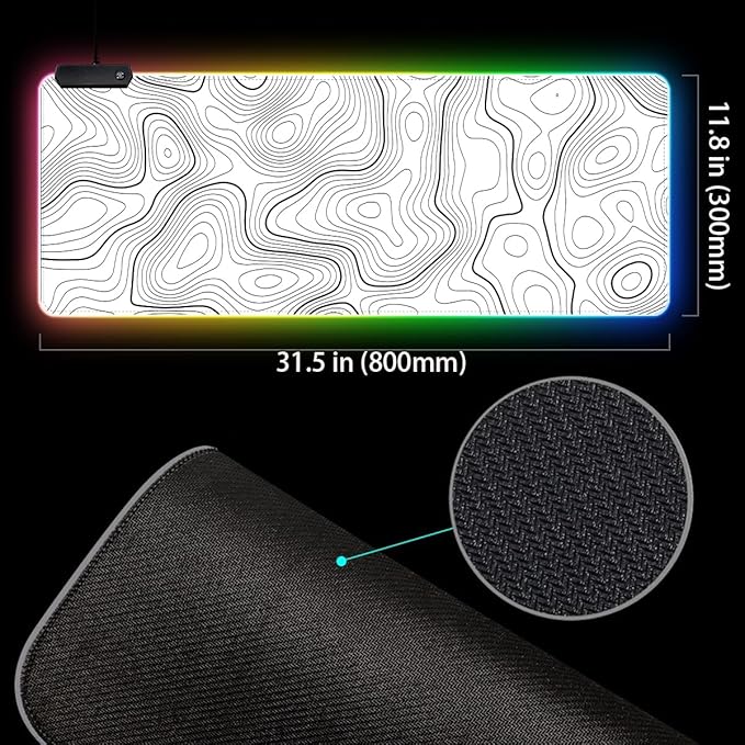 RGB Mouse Pad LED Desk Mat Large Gaming Mousepad White with Black Topographic Line Design, Keyboard Pad XL Mouse Mat for Home and Office(White with Black Topographic Line)