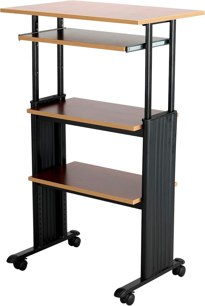 Safco 1929CY MUV Mobile Stand-Up Height-Adjustable Desk,Keyboard Storage, Steel Frame Construction, Durable Melamine Laminate Work Surface, 4 Wheels, Narrow Design