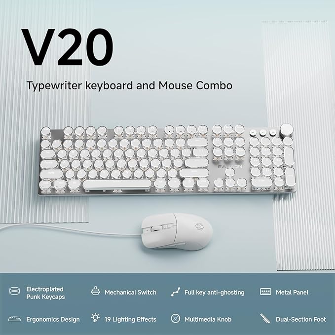 EWEADN Wired Typewriter Keyboard and Mouse Combo, Typewriter Style Mechanical Gaming Keyboard,104 Keys Backlit LED Keyboards, Media Control Knob, Wired Keyboard White Switch for Windows/Mac/PC-White
