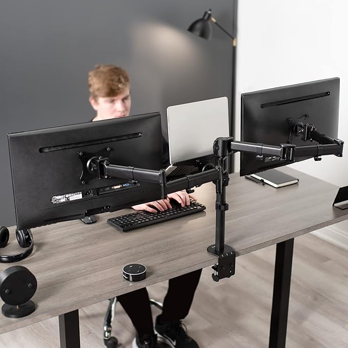 VIVO Dual Monitor + Laptop Mount for 13 to 27 inch Screens and 10 to 15.6 inch Laptops, Triple Screen Viewing, Articulating Arms, Black, STAND-V013L