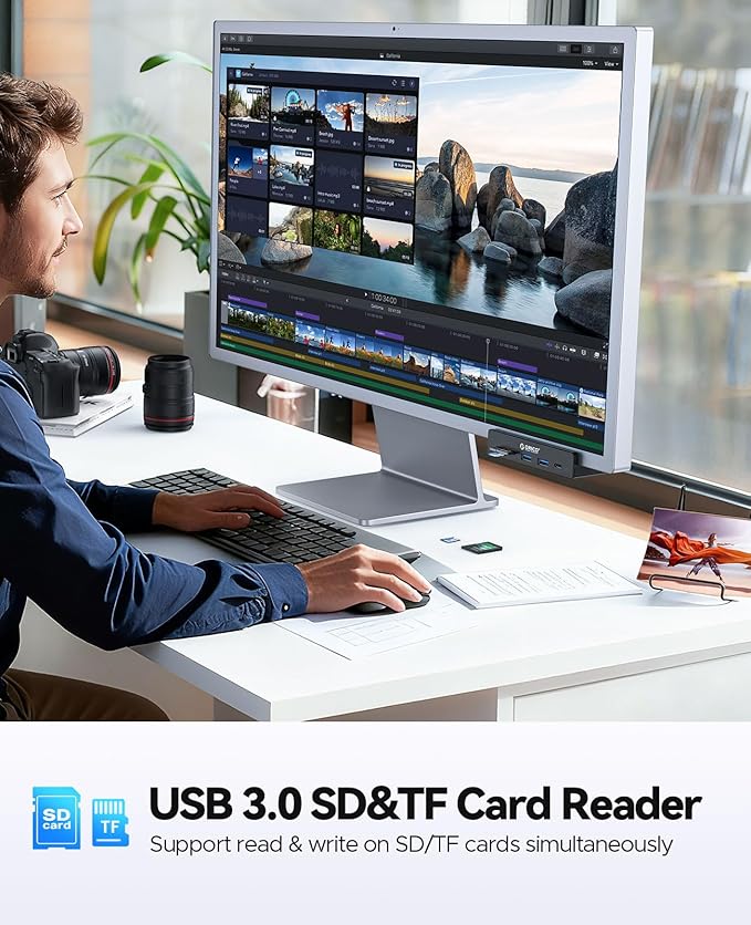 ORICO USB Hub 3.2, Clamp USB-Hub with Extra Power Supply Port, 10Gbps Aluminum 5-Port USB Extender with 2 USB-A 3.2 Ports, USB-C 3.2, SD/TF Card Reader 3.0, USB-3.2 Splitter for Monitor, Desk