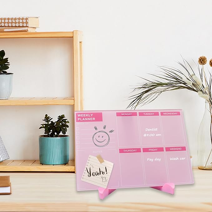 Desktop Thickened Acrylic Dry Erase Board, Weekly White Board with to Do List, Tabletop Whiteboard with Stand, Frameless Dry Erase Pink White Board，9.5"x6.7" for Office, Home, School(Desktop-PK-1724)