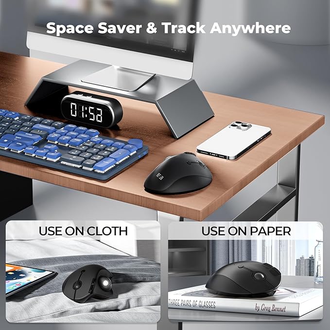 seenda Wireless Trackball Mouse, Bluetooth - Ergonomic Rollerball Mouse Rechargeable, 3 Device Connection Optical Mice Adjustable DPI Thumb Control Mice Compatible for Mac/Android/Windows-Black