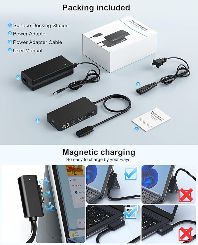 Surface Docking Station, Triple Display Dual 4K HDMI & VGA, 12-in-1 Surface Dock 2 for Microsoft Surface Pro 12/11/10/9/8/7/6/5/4/3, Surface Laptop 7/6/5/4, Surface Go/Book/Laptop Go