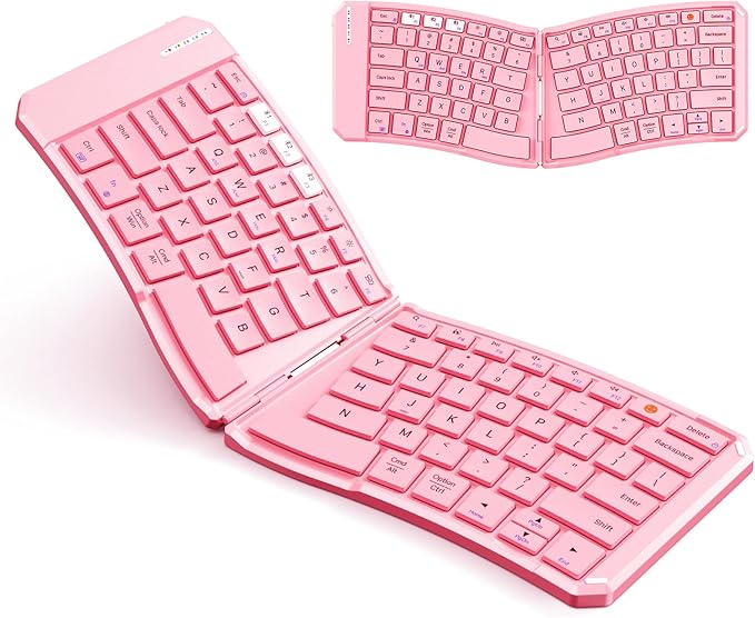 MEETION New Ergonomic Bluetooth Foldable Keyboard, Split Compact Portable Wireless Keyboard for Business Travel, Rechargeable Folding Keyboard for Tablet PC Smartphone iOS Android Windows Mac Pink