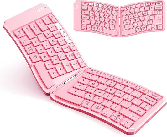 MEETION New Ergonomic Bluetooth Foldable Keyboard, Split Compact Portable Wireless Keyboard for Business Travel, Rechargeable Folding Keyboard for Tablet PC Smartphone iOS Android Windows Mac Pink