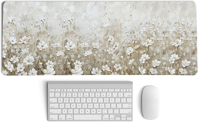 Beige Spring Floral Mouse Pad,Summer Wildflower Aesthetic Mouse Pads,Cottagecore Flower Desk Mat,Cream Floral Botanical Mousepad for Home Office Dorm Desktop Decor,31.5x11.8 Inch