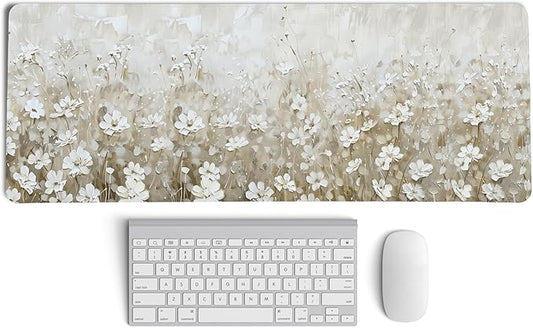 Beige Spring Floral Mouse Pad,Summer Wildflower Aesthetic Mouse Pads,Cottagecore Flower Desk Mat,Cream Floral Botanical Mousepad for Home Office Dorm Desktop Decor,31.5x11.8 Inch