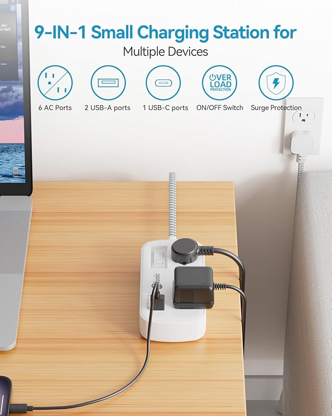 Short Extension Cord 5 ft - Flat Plug Small Power Strip Surge Protetor with 6 Outlets 3 USB (5V/3.4A 17W) Charging Ports, Multi Plug Wall Outlet Splitter for Home Office Dorm Roomc, White