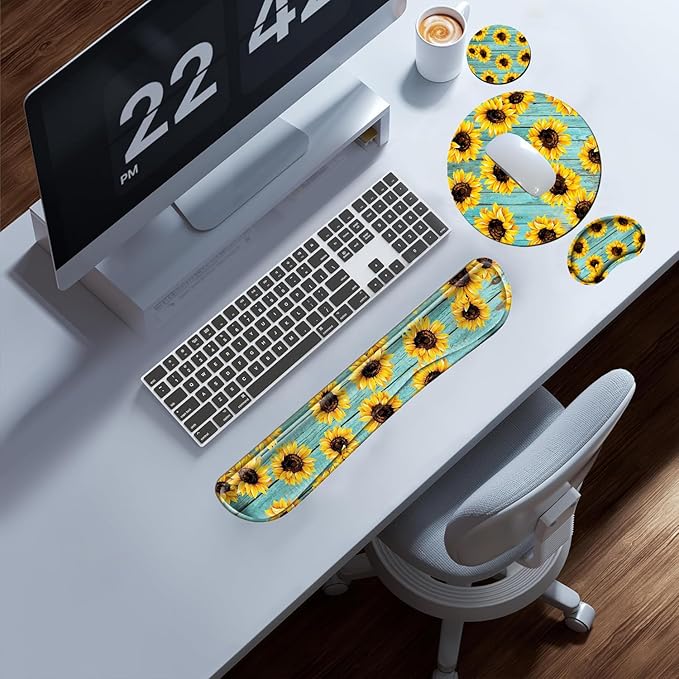 Sunflower Mouse Pad and Keyboard Wrist Rest Ergonomic Wrist pad for Keyboard and Mouse Mat Set 4 in 1 Mousepad with Wrist Support Memory Foam Computer Mat