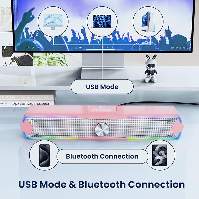 Computer Speakers for Pc Desktop with Clear Sound, Flowing LED PC Speaker for Computer Desktop Laptop Monitor, Bluetooth & USB Input - Pink