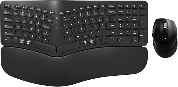 Ergonomic Wireless Keyboard Mouse Combo, EDJO Bluetooth/2.4G Dual Channel, Split Design, Soft Foam Palm Rest, 4 Level DPI Adjustable Wireless Mouse, Rechargeable, for Windows/Mac/Android（Black）