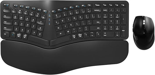 Ergonomic Wireless Keyboard Mouse Combo, EDJO Bluetooth/2.4G Dual Channel, Split Design, Soft Foam Palm Rest, 4 Level DPI Adjustable Wireless Mouse, Rechargeable, for Windows/Mac/Android（Black）