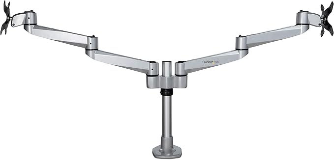 StarTech.com Desk Mount Dual Display Arm, Premium Articulating VESA Mount for Screens up to 27" (17.6lb/8kg), Height Adjustment, Rotate, Tilt, Swivel, Clamp or Grommet Base, TAA