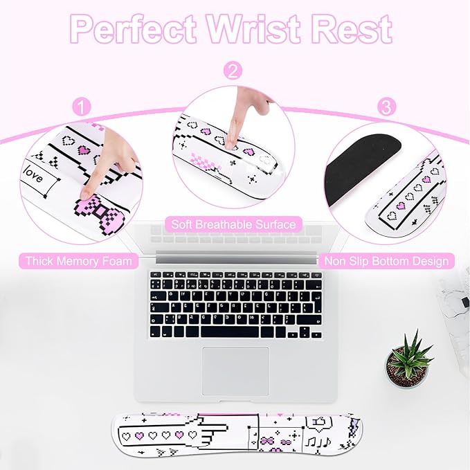 MEGREZ 4-in-1 Ergonomic Memory Foam Wrist Rest Set, Desk Pad, Mouse Pad with Wrist Rest, Keyboard Pad, Suitable for Office Workers, Programmers & Gamers–Relieve Typing & Gaming Fatigue, White Masaic