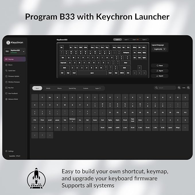 Keychron B33 2.4 GHz Wireless Bluetooth Keyboard Silent Typing 80% TKL Layout Launcher Support Ergonomic Angle Compatible for Mac Windows Linux-Deep Black
