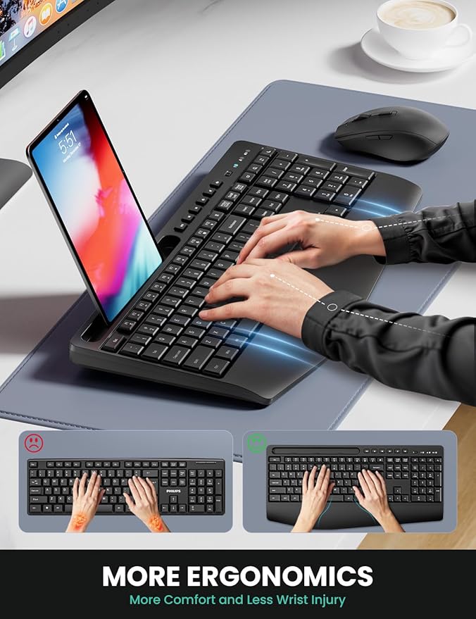Ergonomic Wireless Keyboard and Mouse Combination, LIZRROT 2.4GHz Quiet Full Length Mouse and Keyboard, Wrist Stand, Phone Holder, Compatible with Windows, PC, Laptops