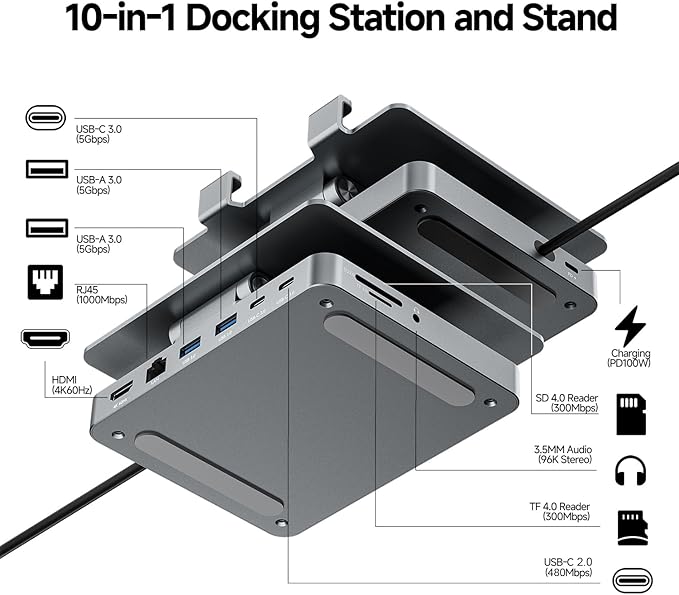 iPad Pro USB C Hub Stand,10 in 1 Rotatable Multiport Adapter for iPad M4 M3 M2 Inch Docking Station 4K 60Hz HDMI, PD, SD/TF Card Reader, USB 3.0, 3.5mm Audio, iPad Accessories for Home Office