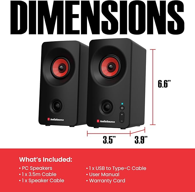 Audiosource Desktop PC Speakers with Bluetooth 5.3, USB-C Plug & Play, 2.0 Stereo Computer Speakers with Dual 2" Drivers, AUX Input, LED Indicator, Compact Design for PC, Laptop & Home Office (Black)