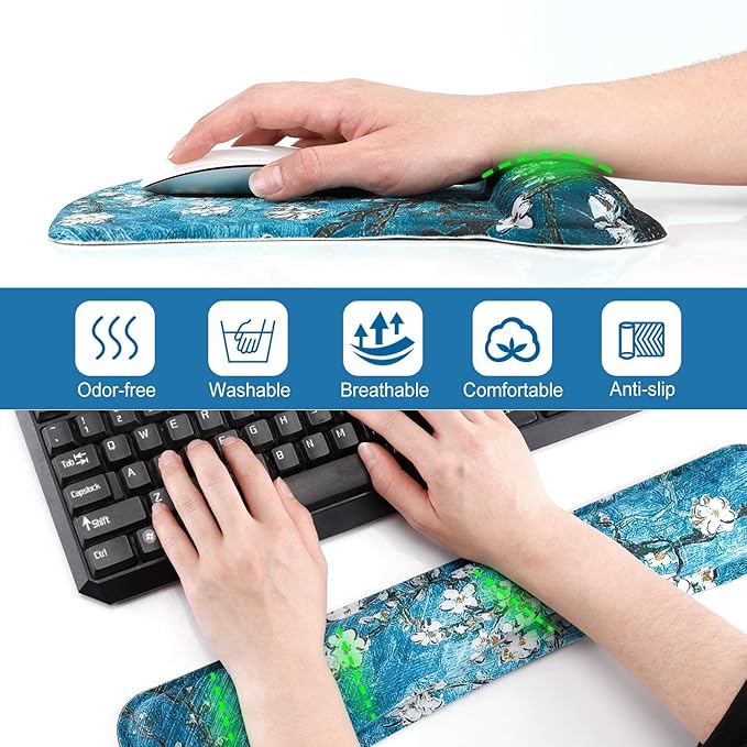 Keyboard Wrist Rest Pad Ergonomic Mouse Pad Set, ToLuLu Gel Mouse Pad Wrist Support for Computer Laptop, Mousepad Keyboard Wrist Support with Memory Foam for Easy Typing Pain Relief, Van Gogh Painting