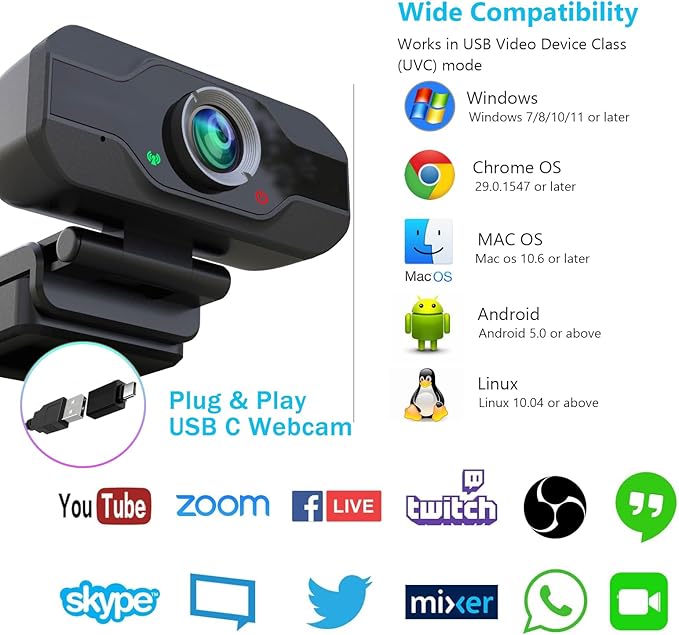 USB C Camera 1080p Webcam with Microphone/Tripod/Cover,Auto Light Correction, Web Camera Desktop Computer, Plug & Play Pro Webcam for PC, Laptop,Computer,Mac,Zoom/Teams/Skype/Twitch Streaming