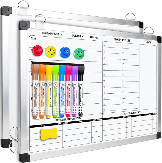 EAONE Weekly Meal Planner & Whiteboard for Wall Double-Sided, 16 x 12 IN Magnetic Dry Erase Menu Board for Kitchen/Food Calendar/Grocery Shopping Lists, with 8 Markers & Eraser & 4 Magnets