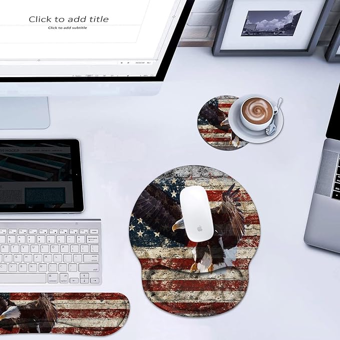 Keyboard Wrist Rest and Mouse Pad Wrist Support Set with Coasters, Non-Slip PU Base, Easy Typing and Relieve Wrist Pain, Perfect for Home Office Working Studying, Military Wall Graffiti USA Flag Eagle