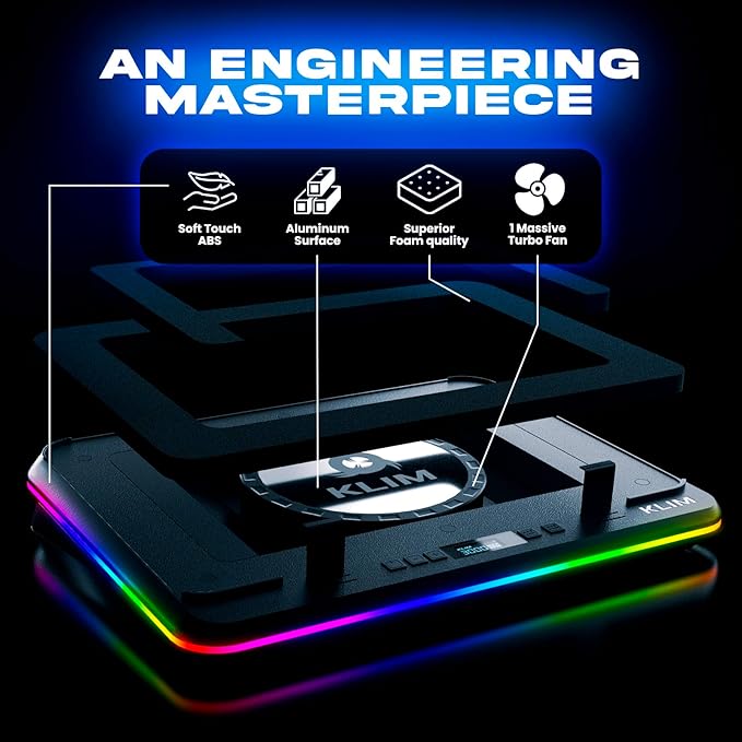 KLIM Turbofrost MAX - RGB Laptop Cooling Pad, Gaming Laptop Cooler with Powerful Turbofan XL, Fast Cooling Laptop, 15.6-17in, Smart Inlay System for Optimal Airflow, Adjustable Speed, LCD Screen