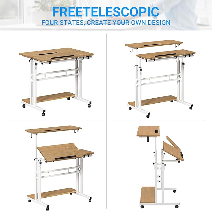 Mobile Standing Desk, Adjustable Rolling Computer Desk with 3 Desktops, Portable Laptop Table with Cup Holder, Home Office Laptop Workstation on Lockable Wheels,Khaki