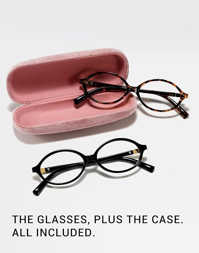 Slocyclub 2 pack Fashion Oval Glasses for Women Men Vintage Oval Small Frame Eyeglasses Retro Blue Light Blocking Glasses with Eyeglass Case, Black and Whiskey Tortoise