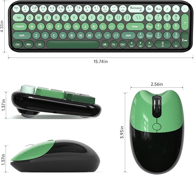 Wireless Keyboard and Mouse Combo, MOWUX Compact Typewriter Retro Round Computer Keyboard, Cute Optical Mouse Wireless, Plug and Play, for Laptop, PC, Computer- Black Green Gradient
