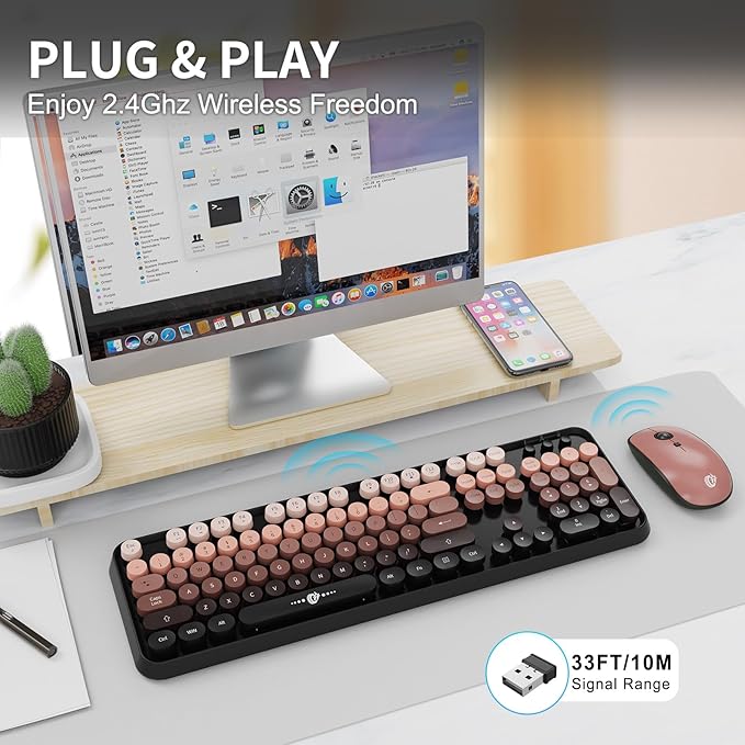 Wireless Keyboard and Mouse Combo, Retro Typewriter Style Keyboard with Cute Round Keycaps, 2.4GHz Bubble Creamy Keyboard for Long Nails, Clicky Mouse with 3 DPI for PC Computer Laptop Desktop (Black)
