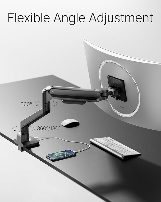 monTEK Deluxe Aluminum Monitor Arm with USB A/C for 17 to 40 Inch Curved Screens Fully Adjustable Single Monitor Arm with Clamp/Grommet, Quick Release Plate, Cable Management, VESA 75/100
