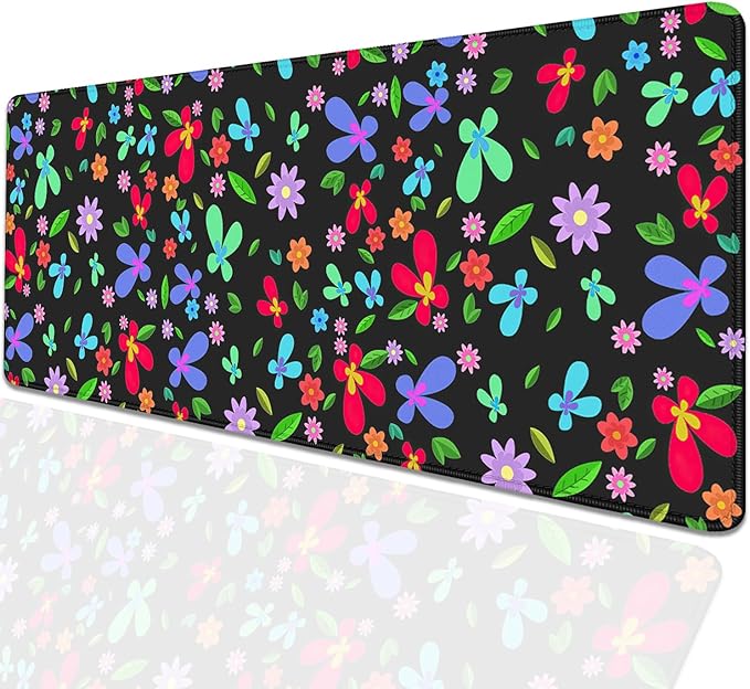 Colorful Flowers Desk Pad Mouse Pad,Large XL Green Leaves Floral Mouse Mat with Stitched Edges,Non-Slip Rubber Base Mousepad for Office PC Keyboard Laptop and Home Work Desk Mat(31.5X11.8 in)