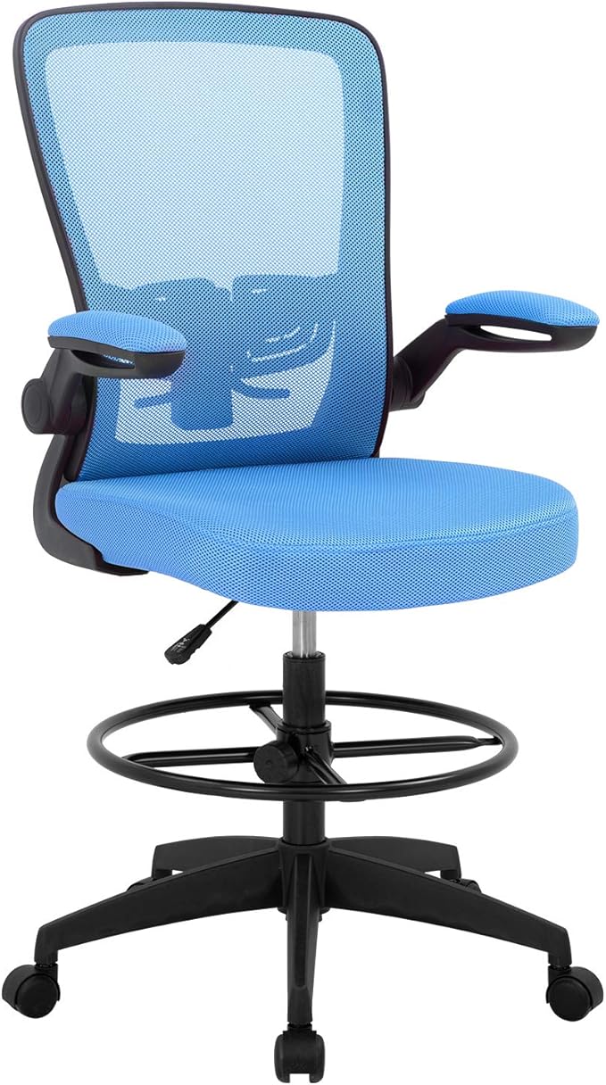 BestOffice Drafting Chair Tall Office Chair Adjustable Height with Lumbar Support Arms Footrest Mid Back Standing Desk Chair Swivel Rolling Mesh Computer Chair Standing Desk Drafting Stool Blue