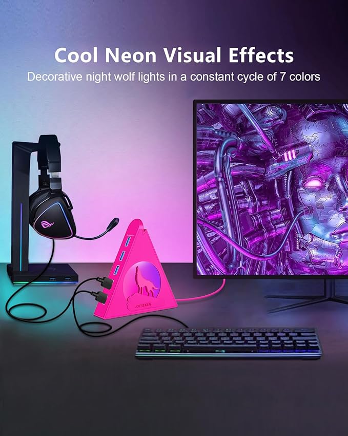 7-Port USB 3.0 Hub, JoyReken RGB USB Hub with RGB Night Light and 2ft Cable, USB Hub 3.0 Pink USB Expander for Laptop, PC, Flash Drive, HDD, Console, Printer, Keyboard, Mouse (Hot Pink)