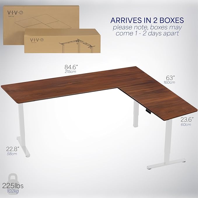 VIVO Corner Standing Desk, 84 x 63 inch Reversible L-Shaped Workstation, Electric Height Adjustment, Home, Office, and Reception Rooms, Dark Walnut Table Top White Frame, DESK-E3CTWD-84