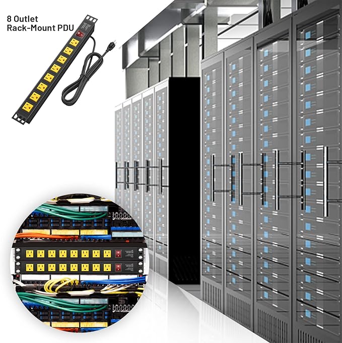 BTU Power Strip Surge Protector Rack-Mount PDU, 8 Right Angle Outlets Wide-Spaced, Mountable Power Strip Heavy Duty for Server Racks, Commercial, 300J (Yellow 6FT)