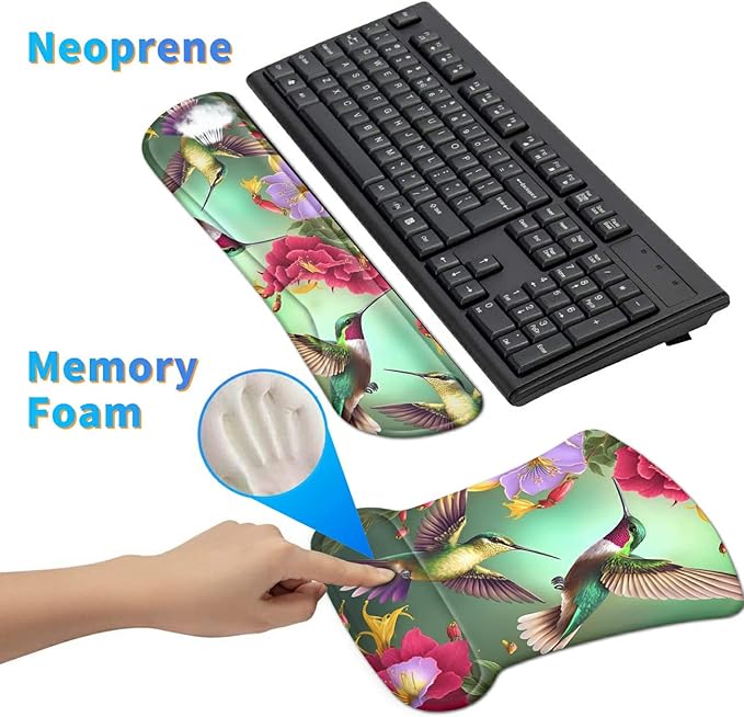 Ergonomic Mouse Pad with Wrist Support Gel & Memory Foam, Floral Hummingbird Flower Pattern, Non-Slip PU Base for Office, Gaming, Computer, Laptop, Home