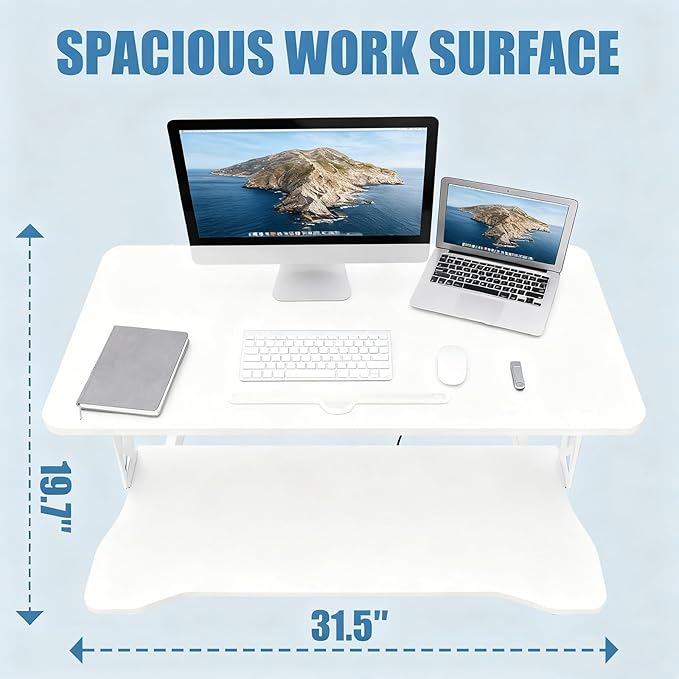 Standing Desk Converter, Height Adjustable Sit to Stand Riser, Dual Monitor and Laptop Workstation with Wide Keyboard Tray, Desk Lifter for Home Office